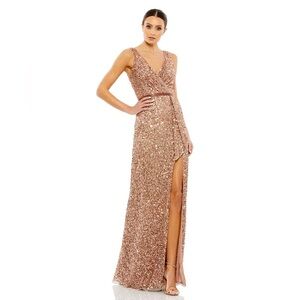 NWT MAC DUGGAL NECK HIGH SLIT SEQUINED WRAP GOWN DRESS MAXI 5539 COPPER LONG​